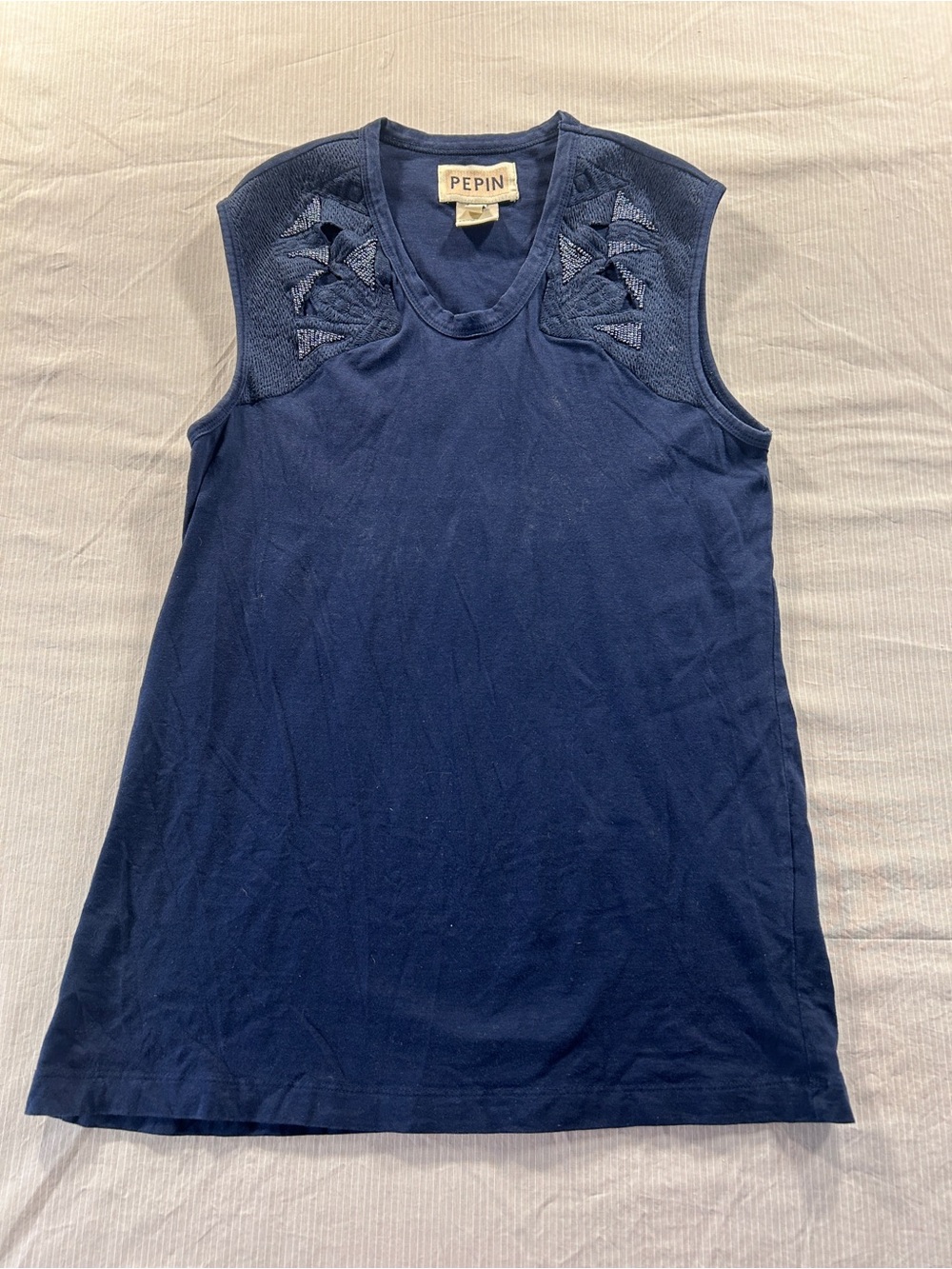 Pepin Navy Sleeveless Tank with Embroidered Yoke